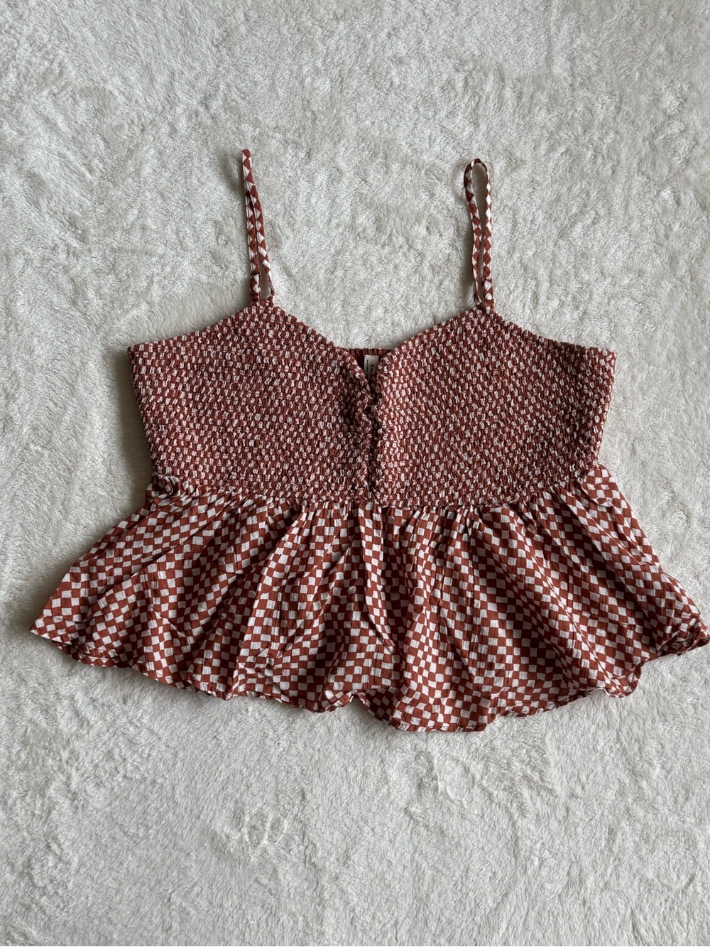 American Eagle Brown White Gingham Smocked Peplum Tank L